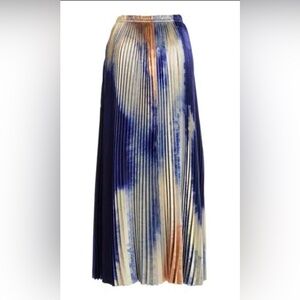 Ulla Johnson Pleated Midi Skirt in Blue and Cream with Peach Accents